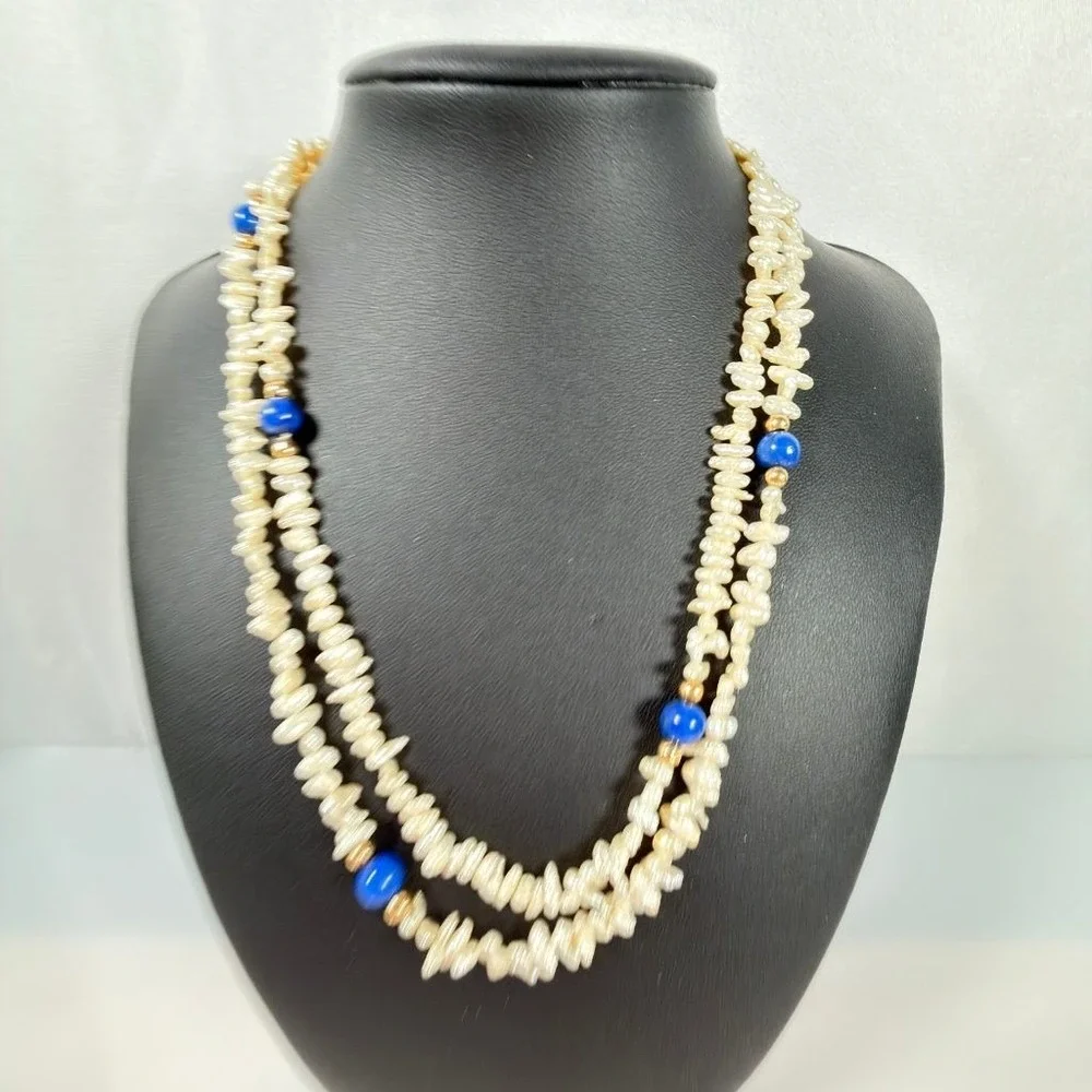 Vintage Rice Pearl Necklace Lapis Lazuli & 14K Gold Accent Beads 35